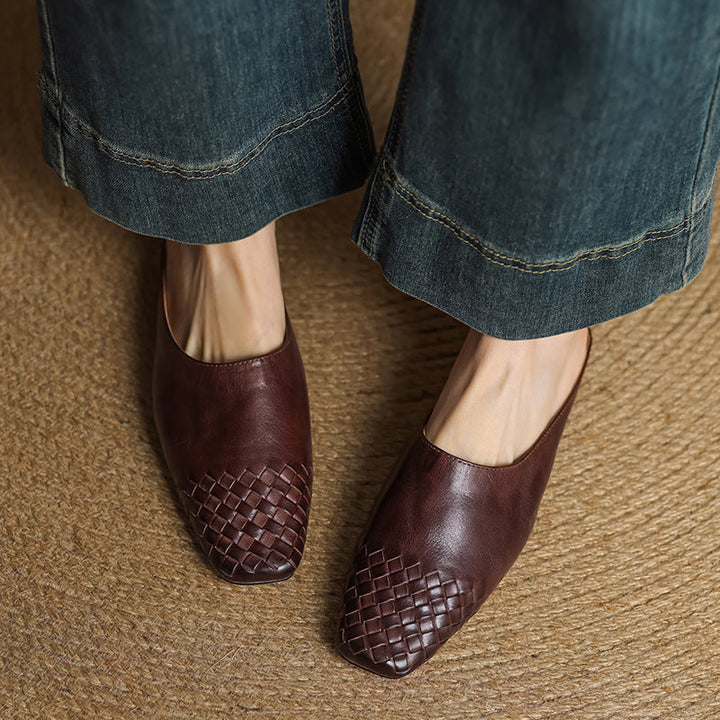 Woven Flat Leather Mules — women's mules in khaki