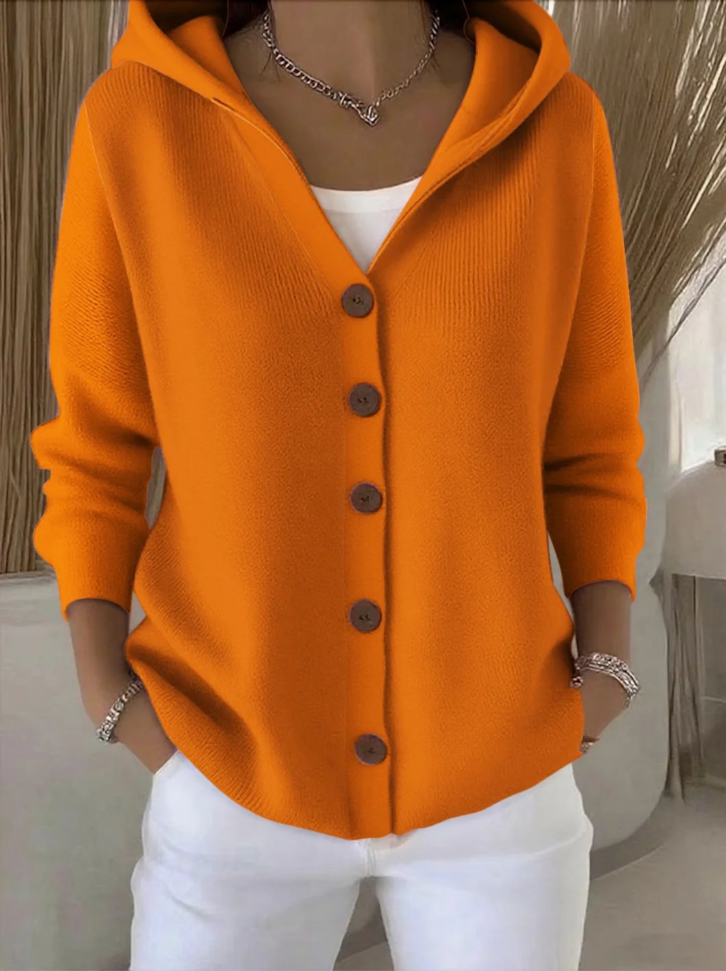 Katrine Timeless Long Cardigan Knitted Open Front for Women in Orange