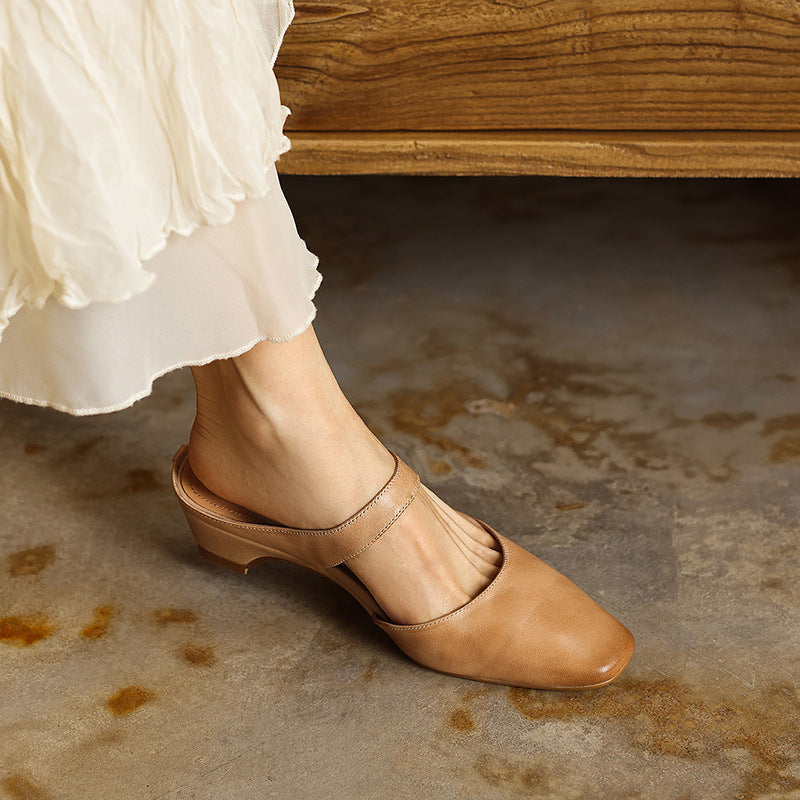 Square Toe Leather Mules — women's mules in soft oat