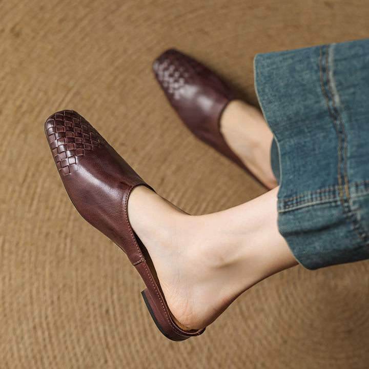 Woven Flat Leather Mules — women's mules in khaki
