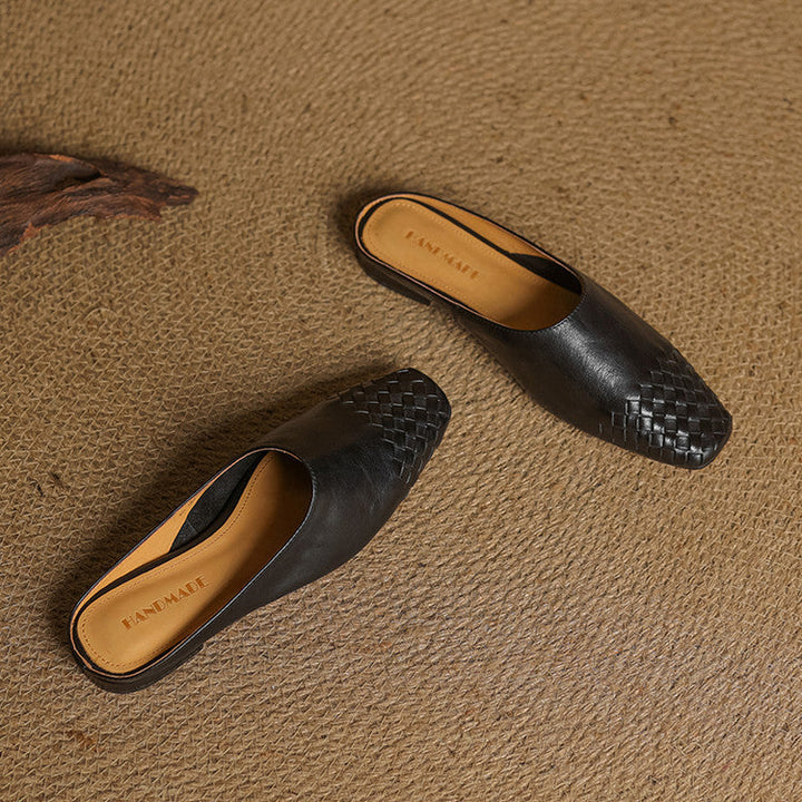 Woven Flat Leather Mules — women's mules in khaki