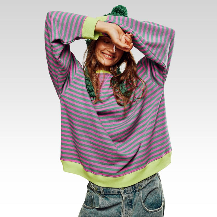 Perrine Striped Oversized Sweater Contrast Trim for Women in Light green