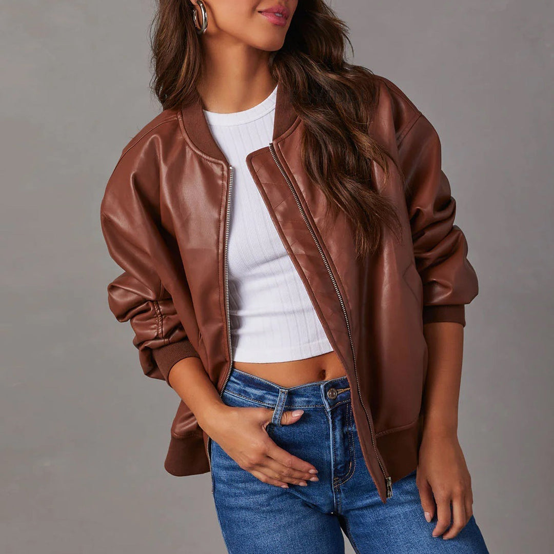 Oversized Ribbed Leather Bomber Jacket for women - view 2