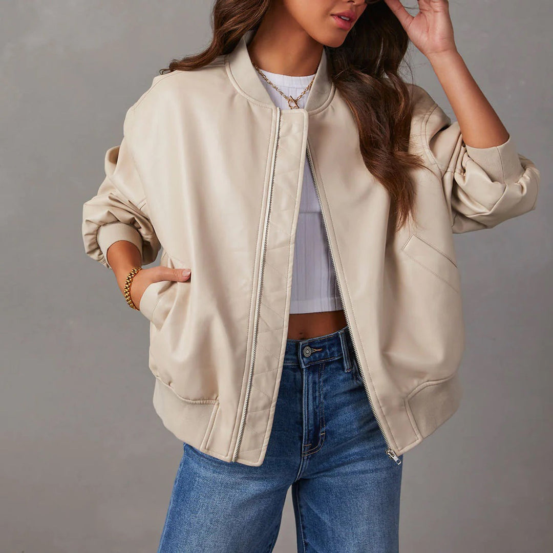Oversized Ribbed Leather Bomber Jacket for women - view 4