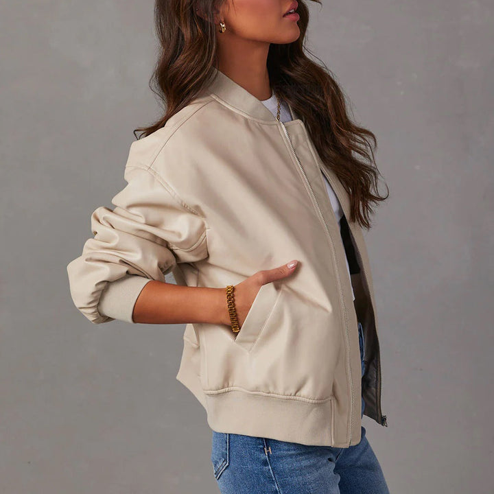 Oversized Ribbed Leather Bomber Jacket for women - view 6