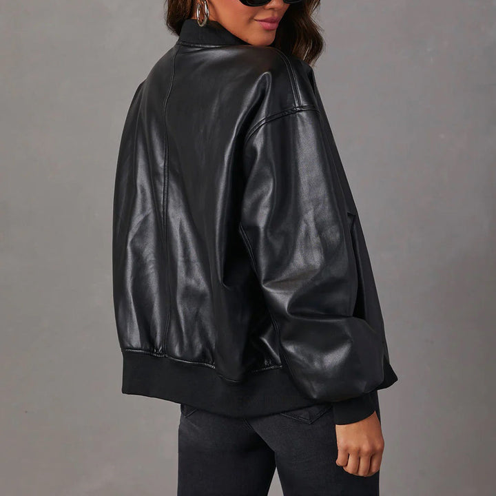Oversized Ribbed Leather Bomber Jacket for women - view 8