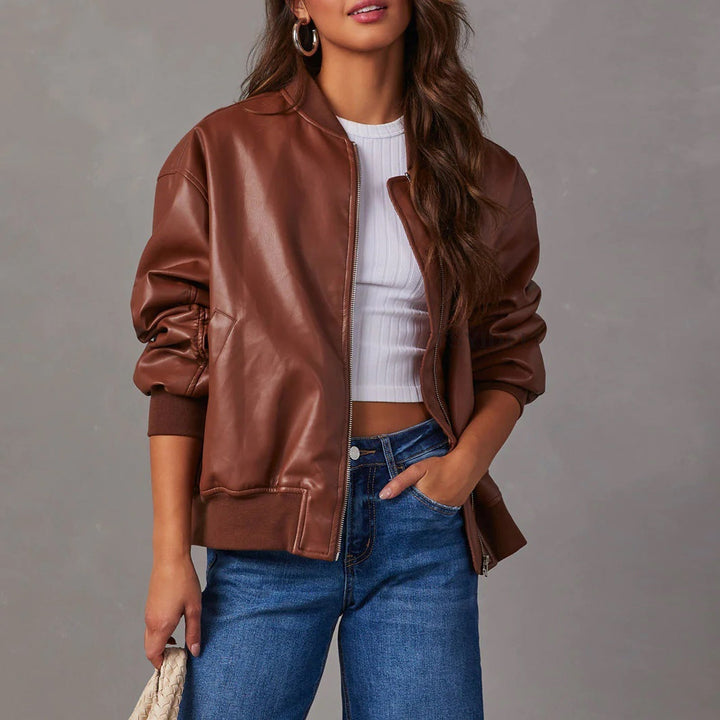 Oversized Ribbed Leather Bomber Jacket for women - view 1