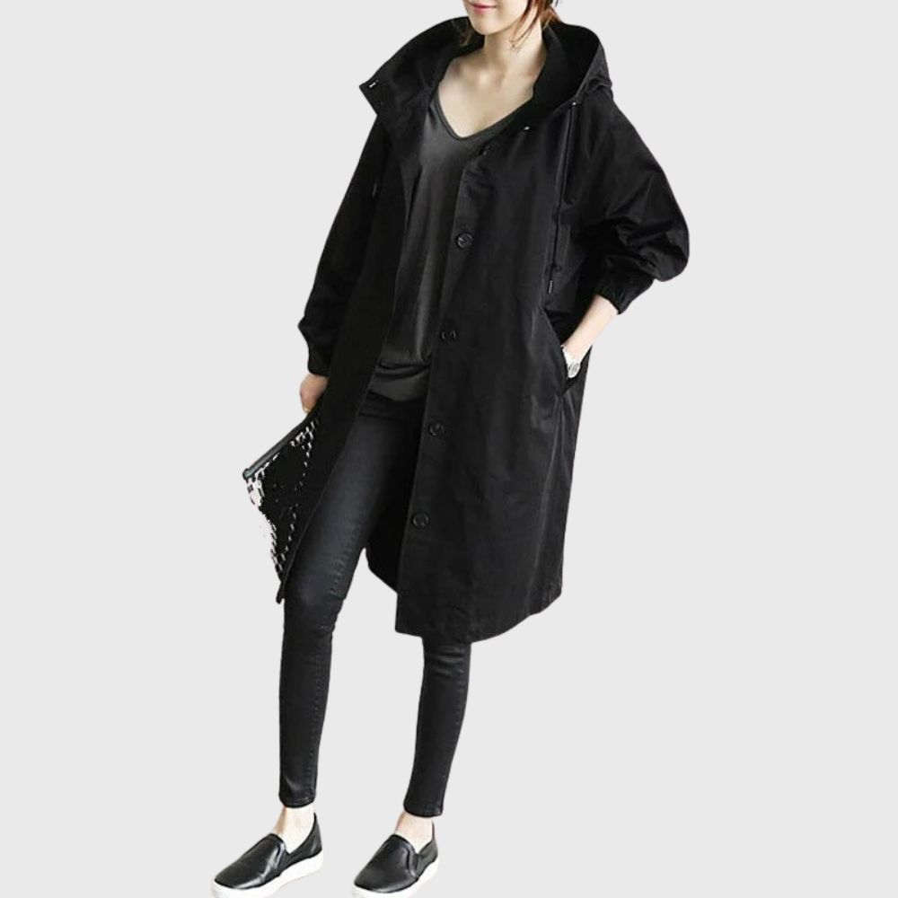 Hortense Waterproof Trench Coat Hooded Oversized for Women in Black
