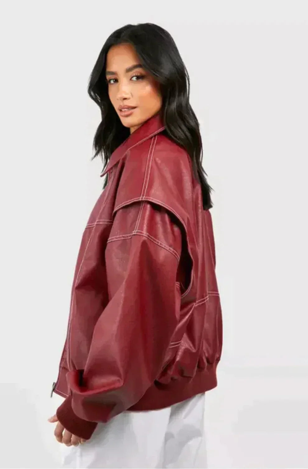 Oversized Faux Leather Bomber Jacket for women - view 3