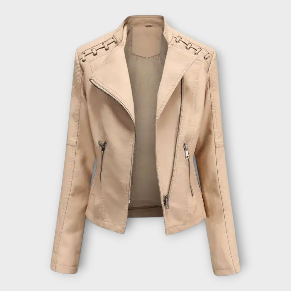 Fitted faux leather moto jacket with notch lapels and laced shoulder detail