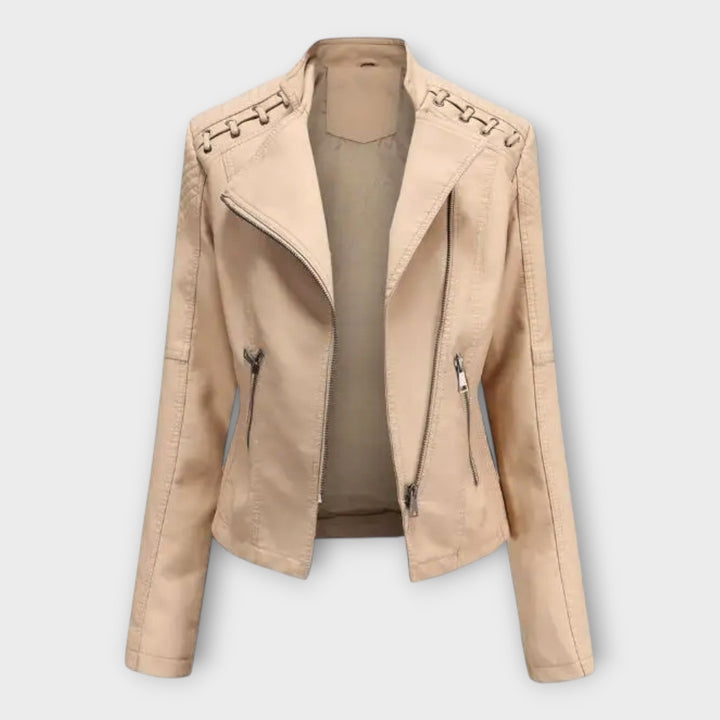 Fitted faux leather moto jacket with notch lapels and laced shoulder detail