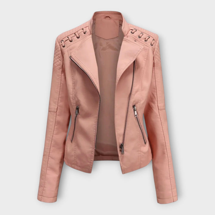 Fitted faux leather moto jacket with notch lapels and laced shoulder detail