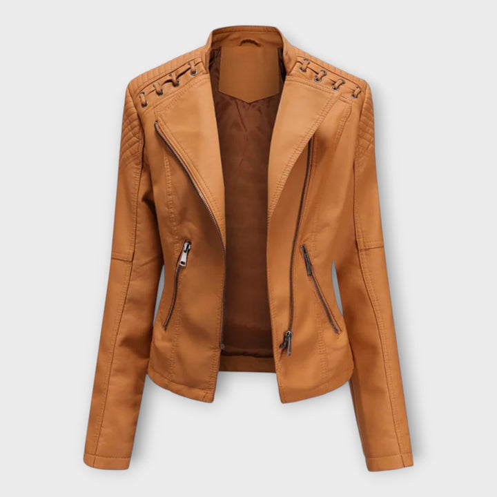 Fitted faux leather moto jacket with notch lapels and laced shoulder detail
