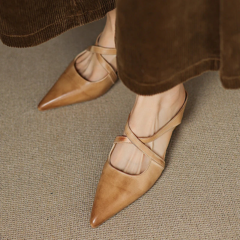 Pointed Flat Leather Mules — women's mules in maroon
