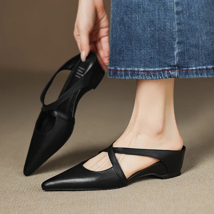 Pointed Flat Leather Mules — women's mules in maroon