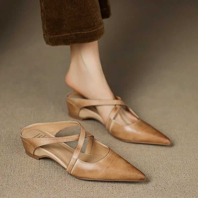 Pointed Flat Leather Mules — women's mules in maroon