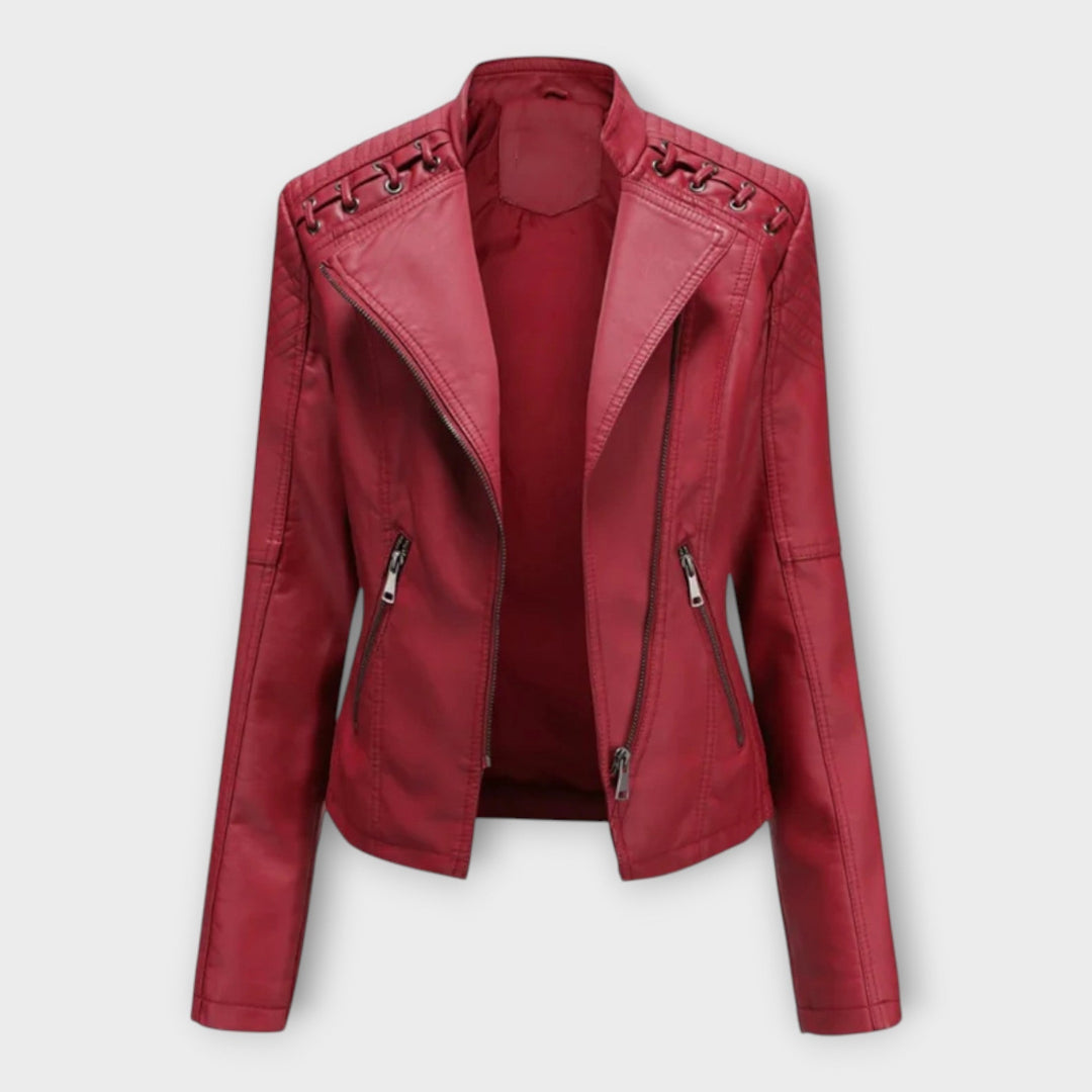 Fitted faux leather moto jacket with notch lapels and laced shoulder detail