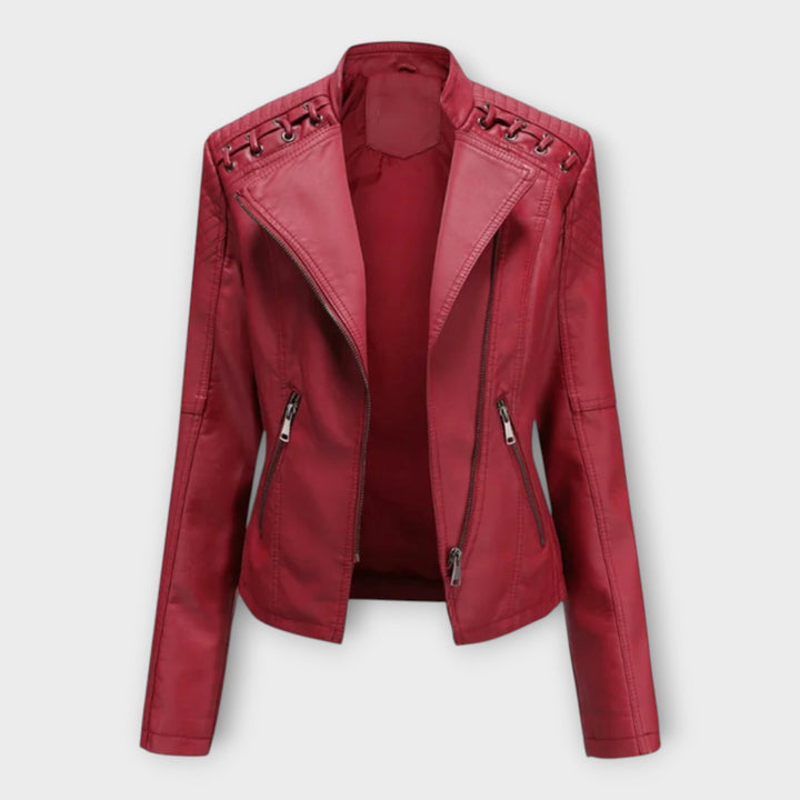 Fitted faux leather moto jacket with notch lapels and laced shoulder detail