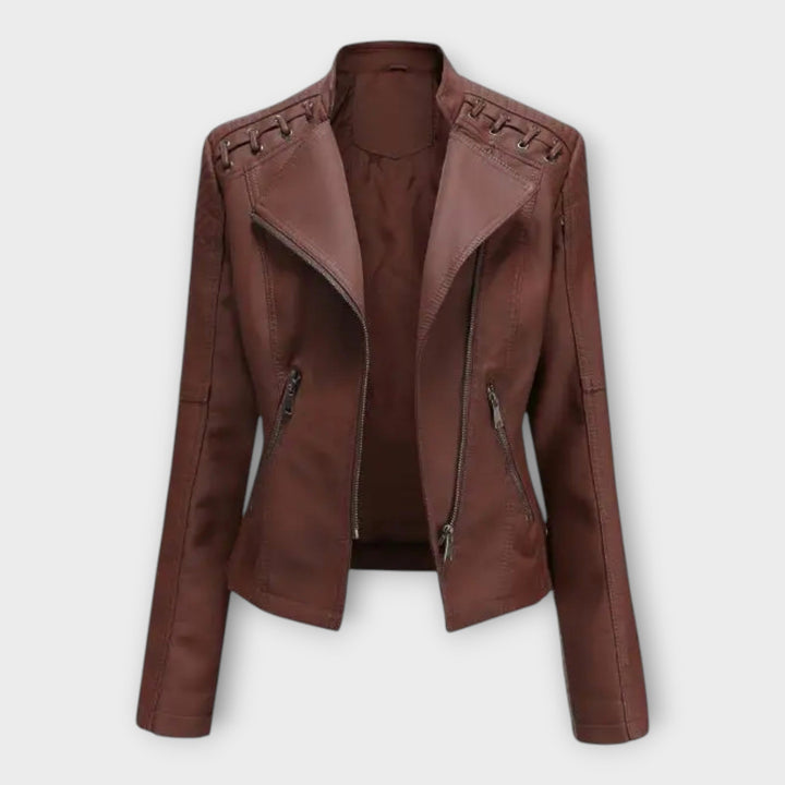 Fitted faux leather moto jacket with notch lapels and laced shoulder detail