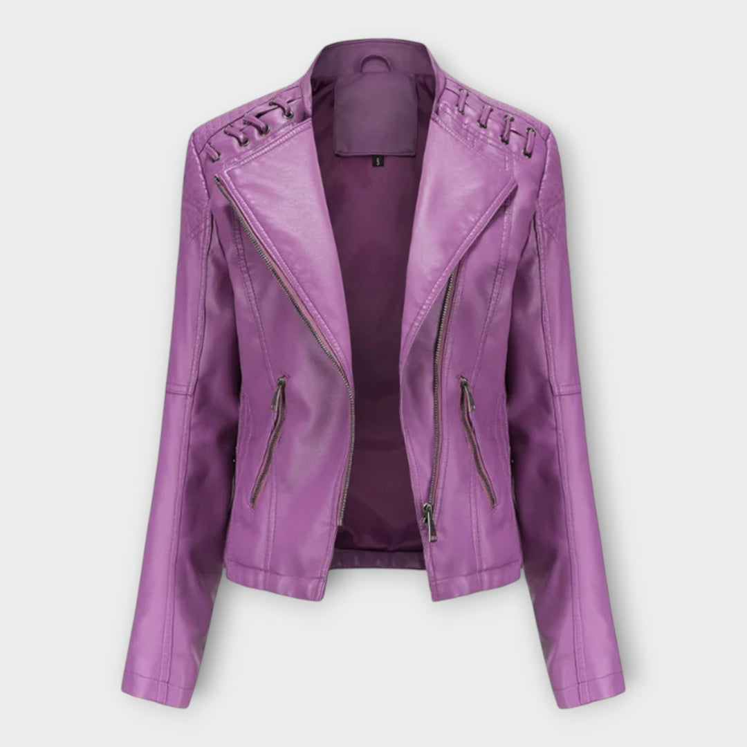 Fitted faux leather moto jacket with notch lapels and laced shoulder detail