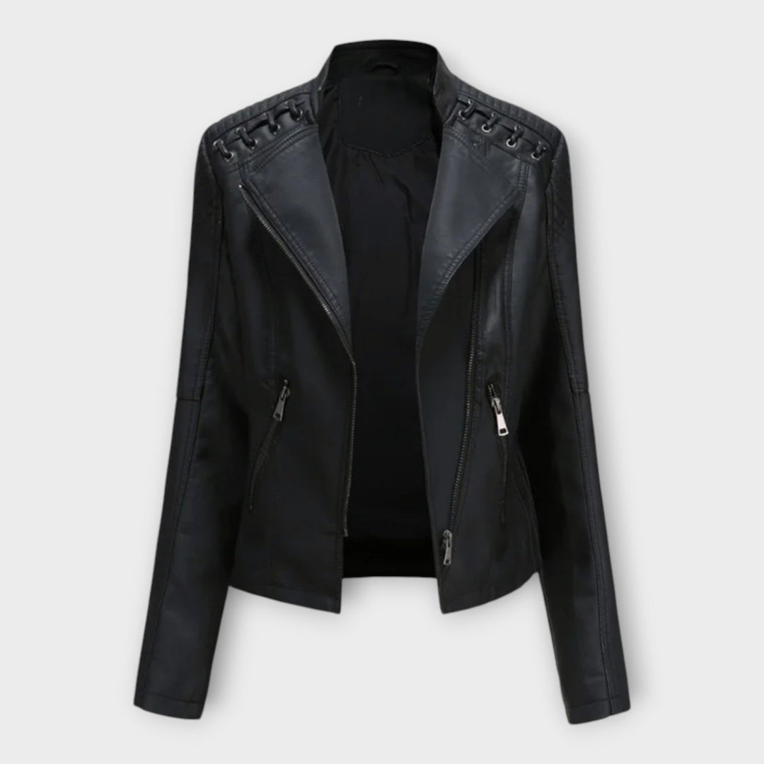Fitted faux leather moto jacket with notch lapels and laced shoulder detail