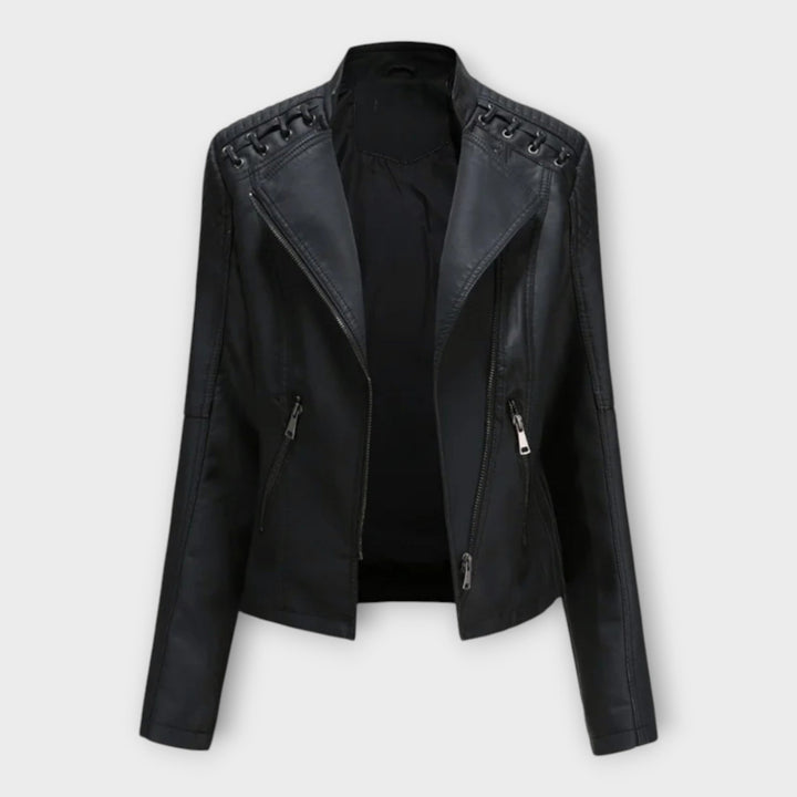 Fitted faux leather moto jacket with notch lapels and laced shoulder detail
