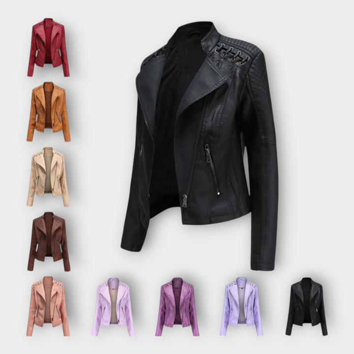 Fitted faux leather moto jacket with notch lapels and laced shoulder detail