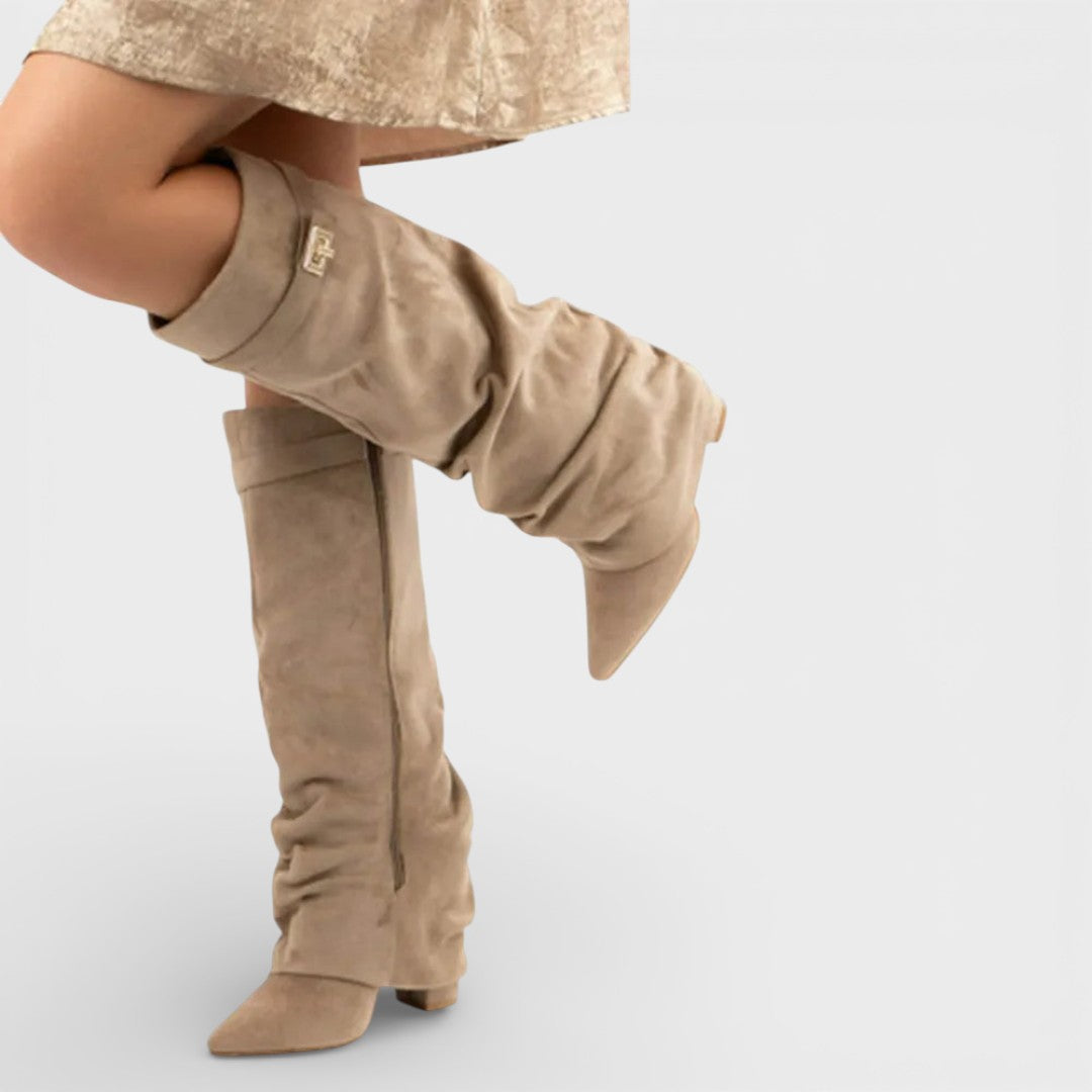 Ruched Pointed Toe Knee High Boots — knee high boots for women in light brown