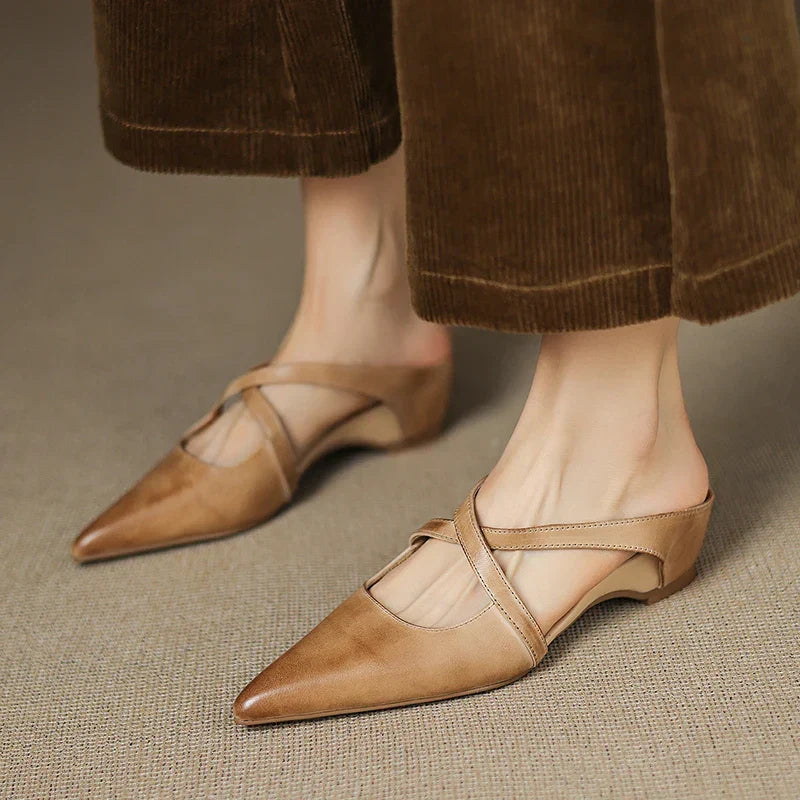 Pointed Flat Leather Mules — women's mules in maroon