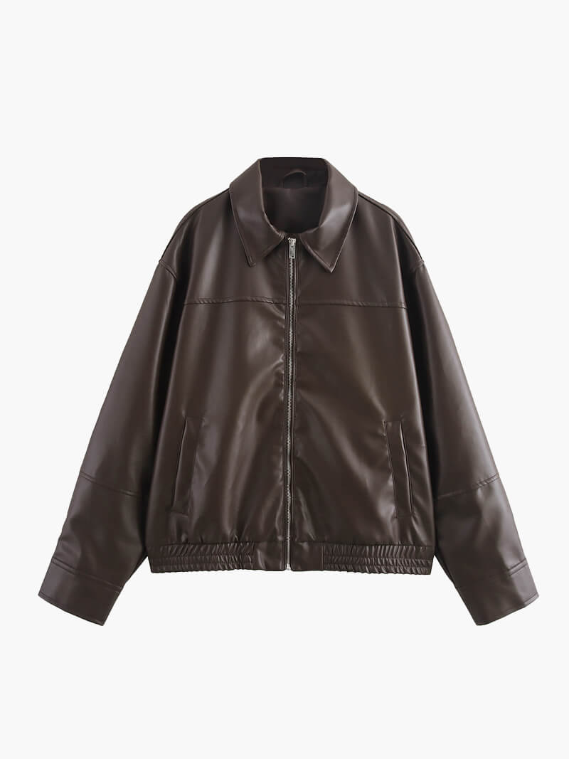 Dark Brown Oversized Faux Leather Jacket for women - view 1
