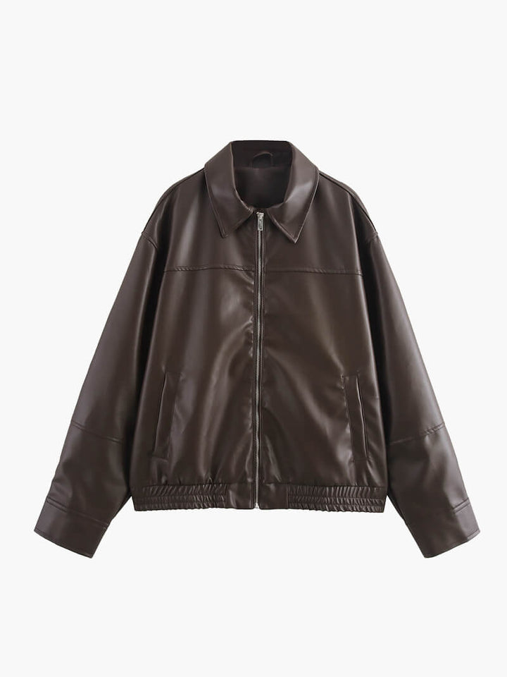Dark Brown Oversized Faux Leather Jacket for women - view 1