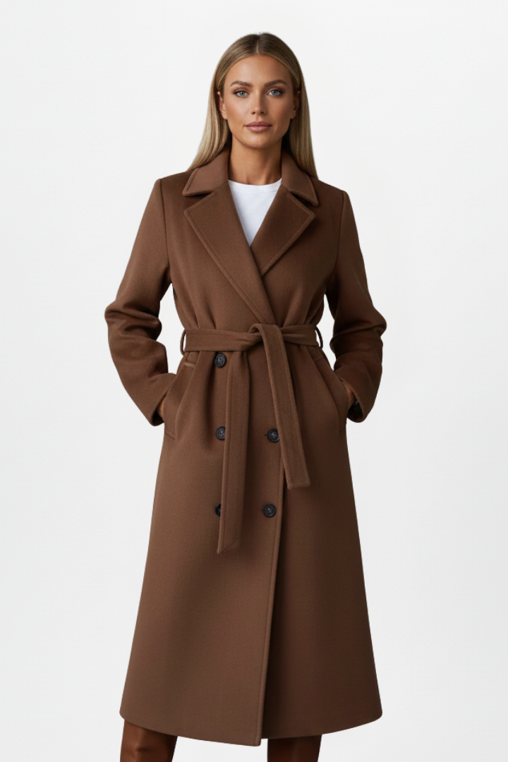 Belted Double Breasted Wool Coat — coat for women in chocolate