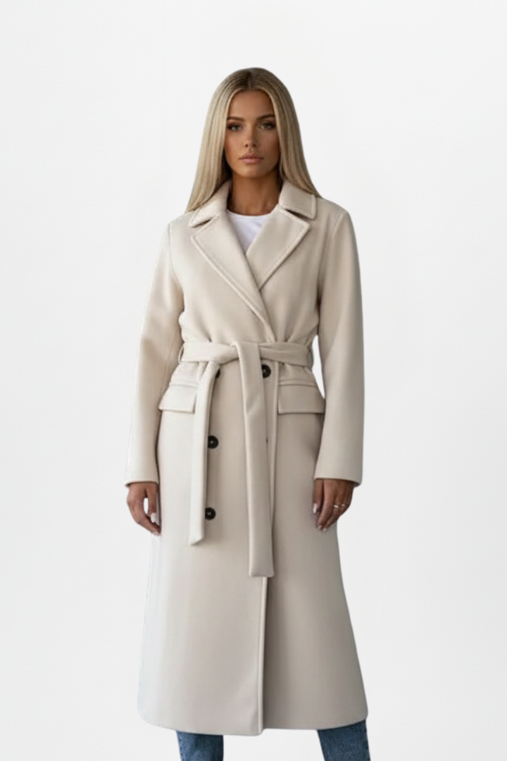 Belted Double Breasted Wool Coat — coat for women in beige