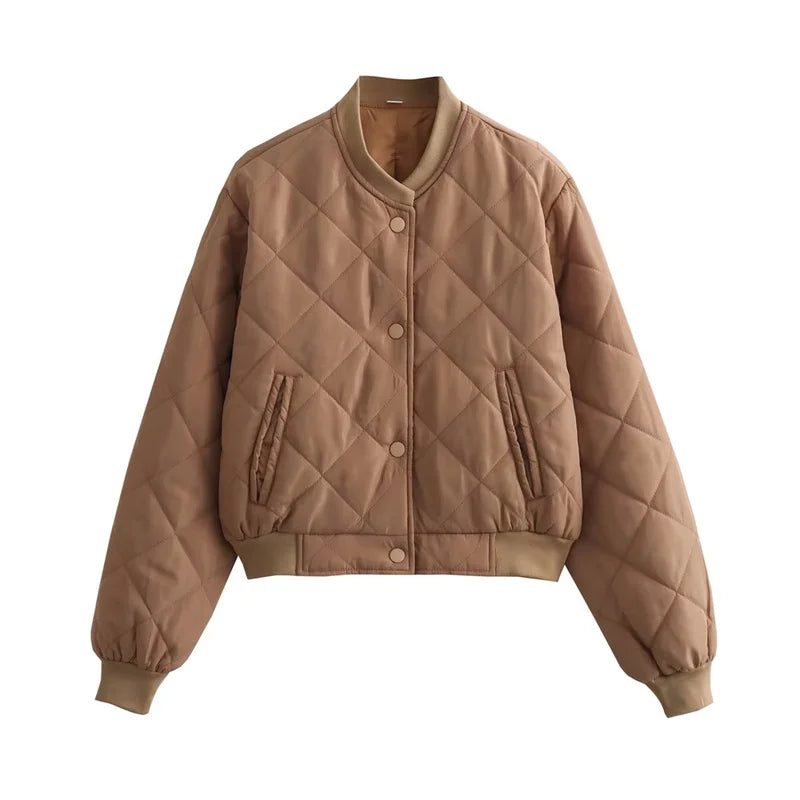 Gaëlle Quilted Bomber Jacket Cropped Stand Collar for Women in Brown