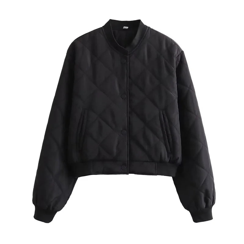Gaëlle Quilted Bomber Jacket Cropped Stand Collar for Women in Black