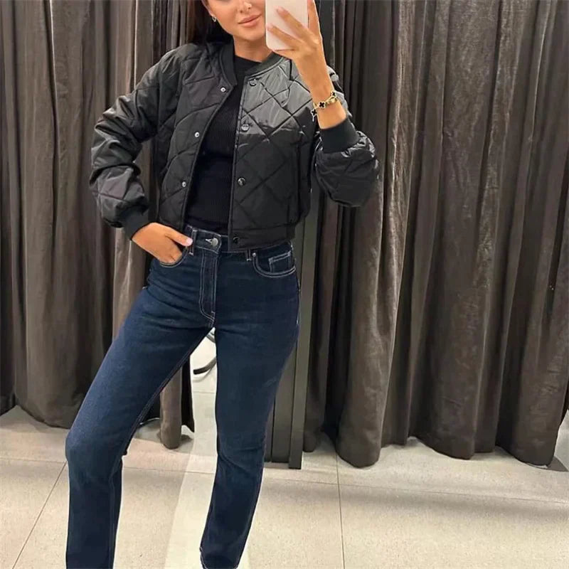 Gaëlle Quilted Bomber Jacket Cropped Stand Collar for Women, view 7