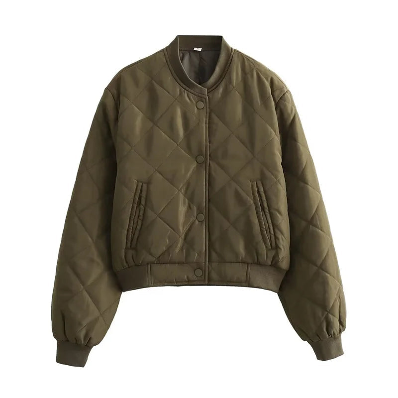 Gaëlle Quilted Bomber Jacket Cropped Stand Collar for Women in Olive