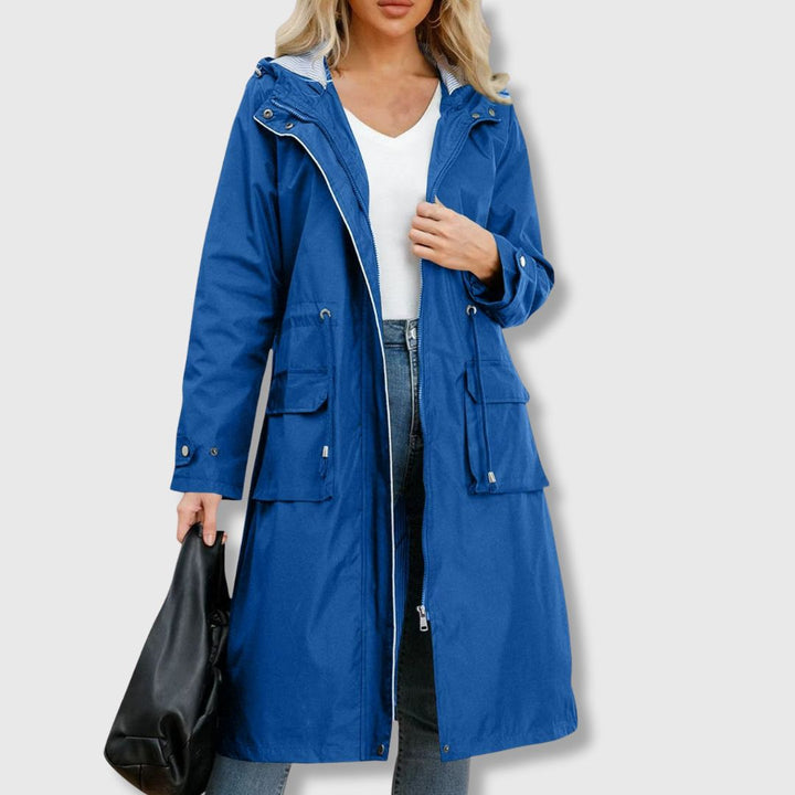 Longline Hooded Rain Jacket — women's rain jacket in blue