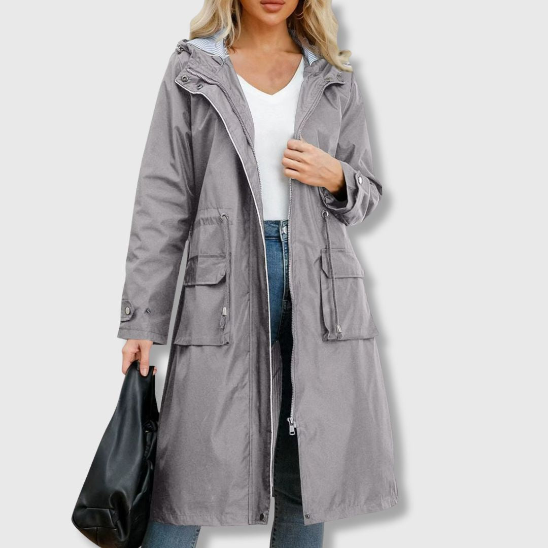 Longline Hooded Rain Jacket — women's rain jacket in grey
