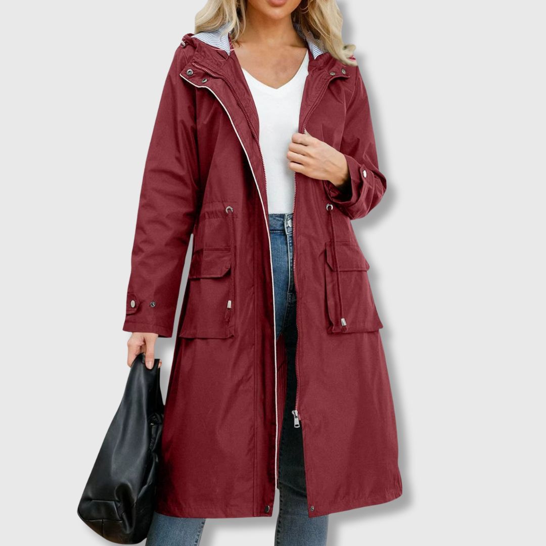 Longline Hooded Rain Jacket — women's rain jacket in red