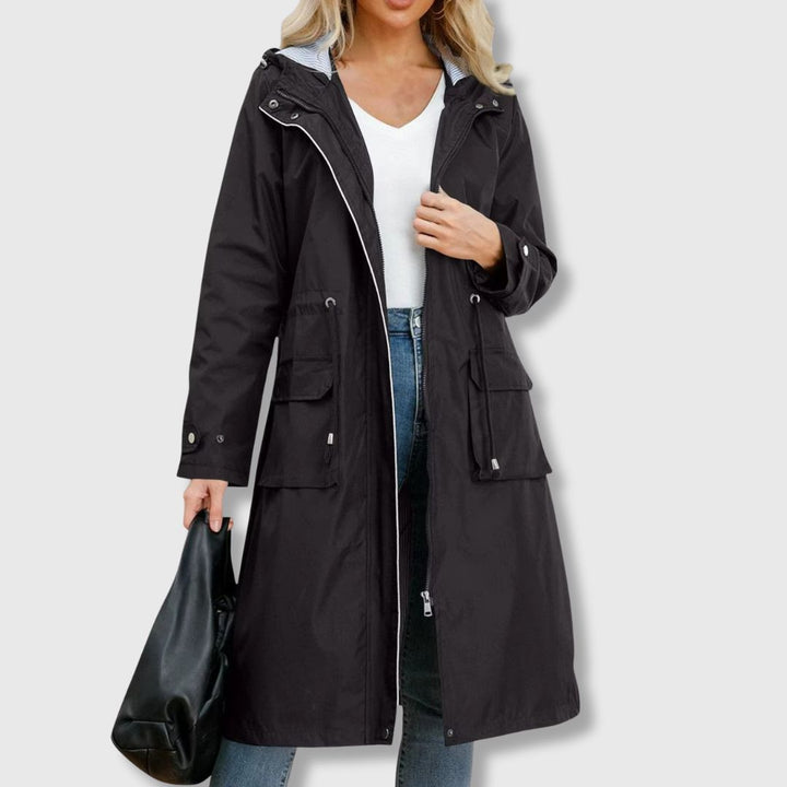 Longline Hooded Rain Jacket — women's rain jacket in black