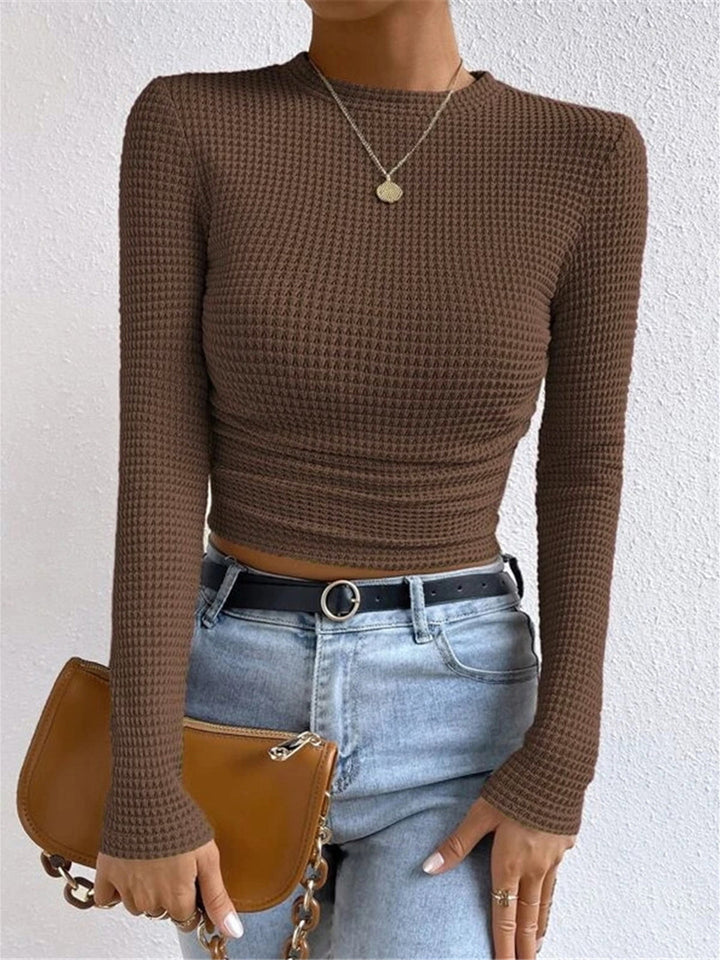 Lisette Waffle Knit Long Sleeve Top Crew Neck for Women in Brown