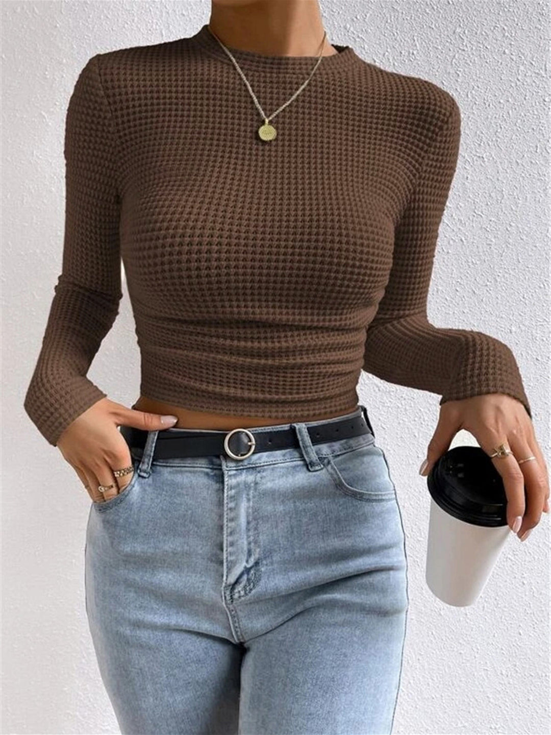 Lisette Waffle Knit Long Sleeve Top Crew Neck for Women, view 13