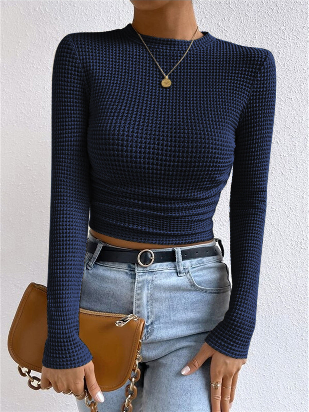 Lisette Waffle Knit Long Sleeve Top Crew Neck for Women in Navy
