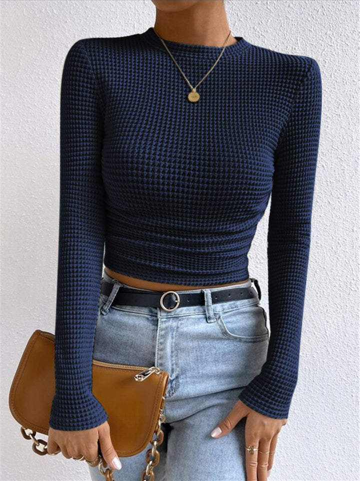 Lisette Waffle Knit Long Sleeve Top Crew Neck for Women in Navy