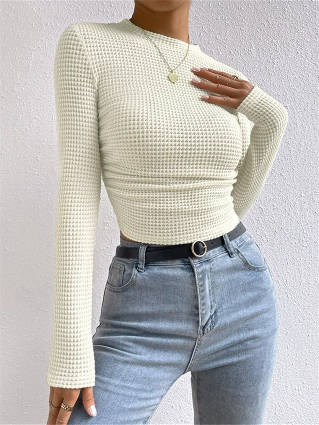 Lisette Waffle Knit Long Sleeve Top Crew Neck for Women, view 2