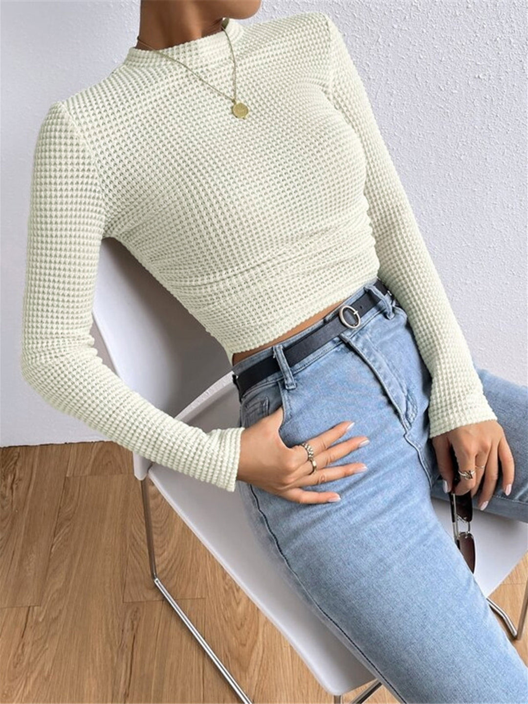 Lisette Waffle Knit Long Sleeve Top Crew Neck for Women, view 3
