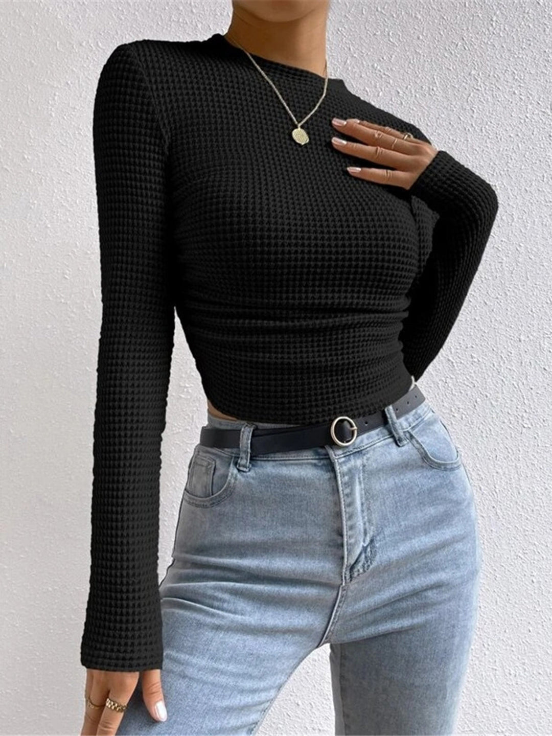 Lisette Waffle Knit Long Sleeve Top Crew Neck for Women in Black