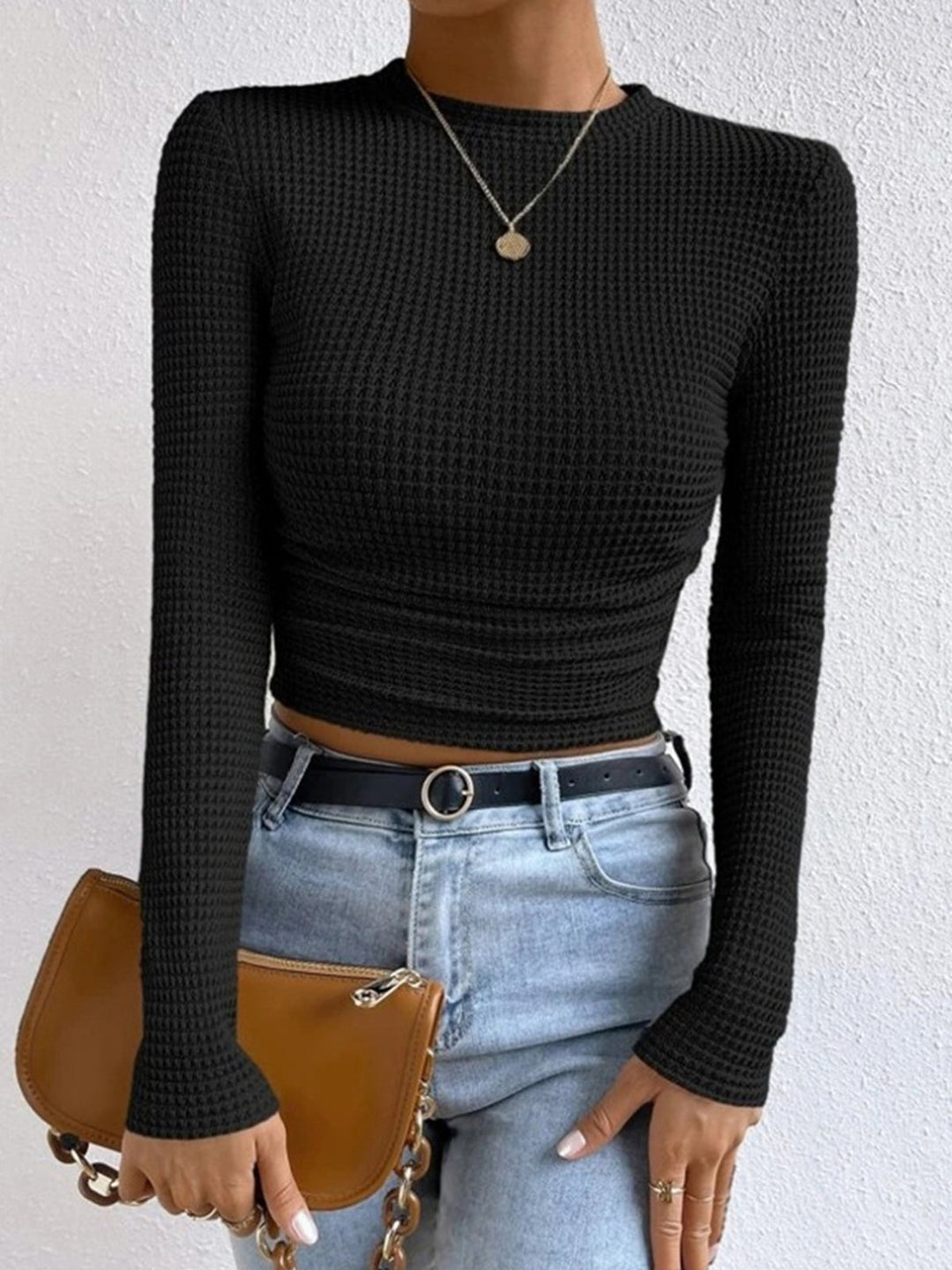 Lisette Waffle Knit Long Sleeve Top Crew Neck for Women, view 8