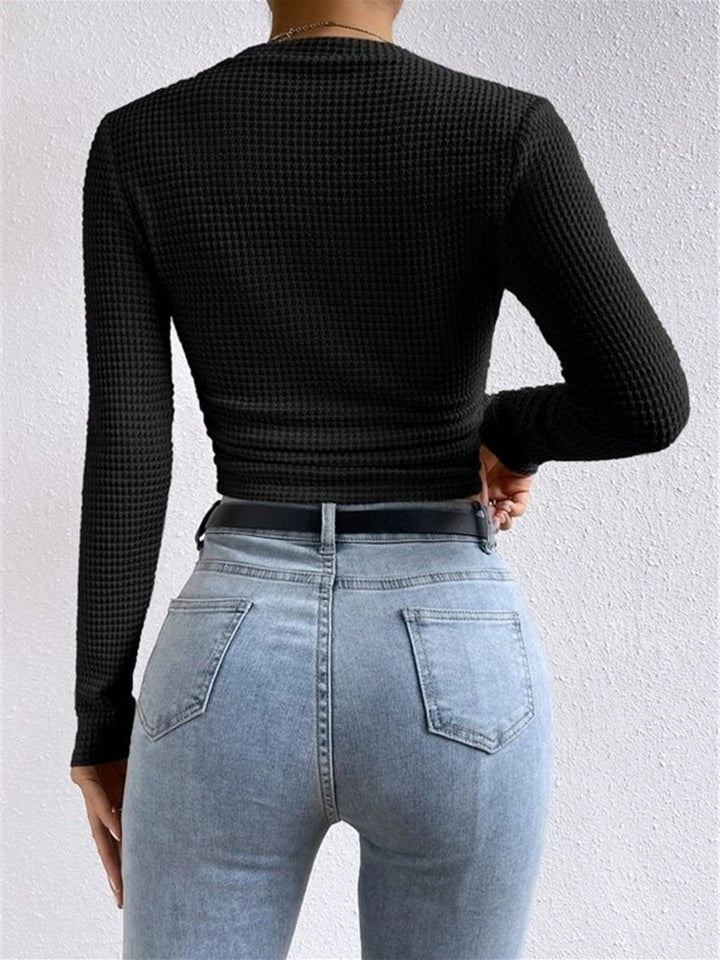 Lisette Waffle Knit Long Sleeve Top Crew Neck for Women, view 9